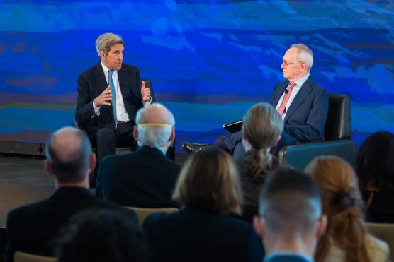 Special Presidential Envoy for Climate, Secretary John Kerry, and MIT President Rafael Reif in conversation at MIT Climate Grand Challenges event